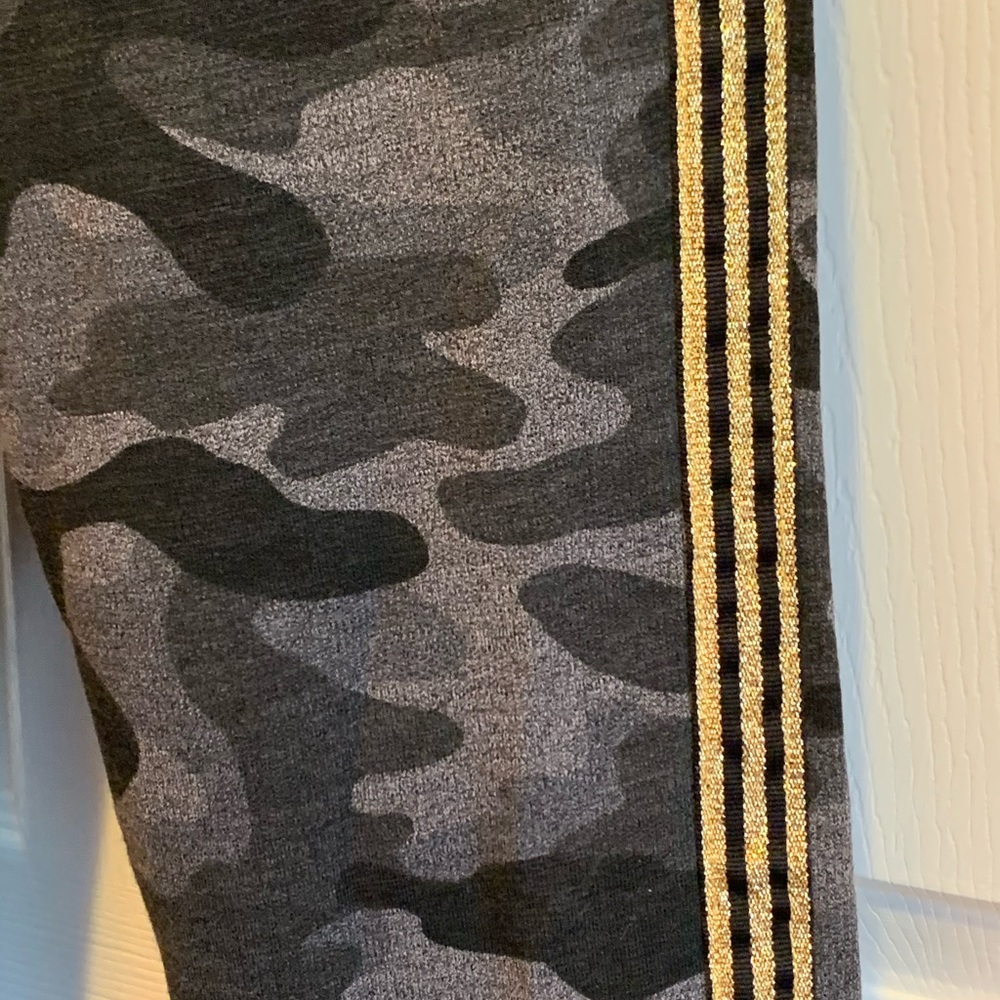 NWT black camo gold stripe leggings
